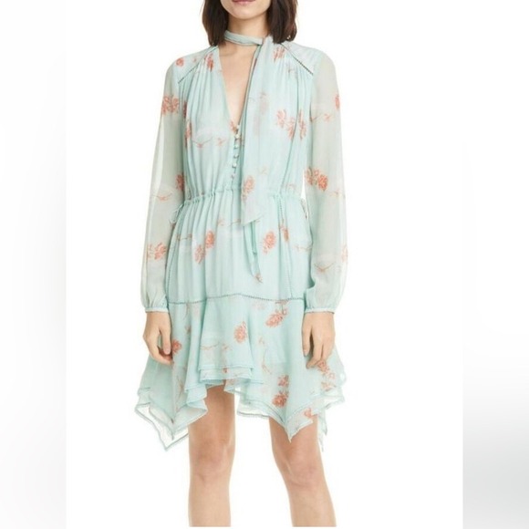 Jonathan Simkhai Dresses & Skirts - Jonathan Simkhai Seafoam Floral Irena Rose 100% Silk Dress Tiered Ruffles Sz M